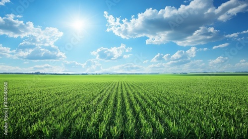 Lush Green Field Under Bright Blue Sky With Fluffy White Clouds