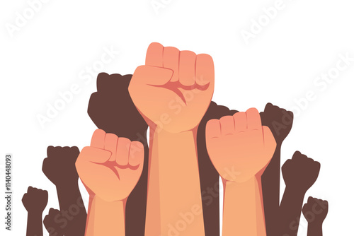 People's hands raised with clenched fists, Hand fist, isolated on a white background. Symbol of love, diversity. Human rights, feminism, equality and women's day concept. Black lives matter movement.
