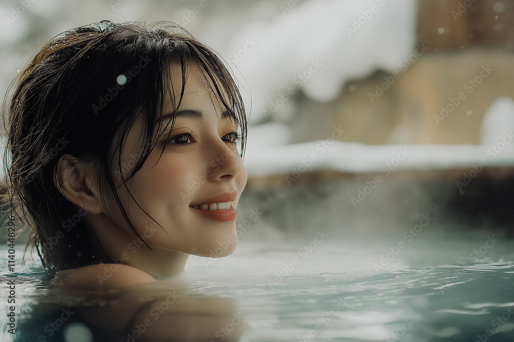 Fototapeta premium A young beautiful Woman relaxes in a hot spring in the winter mountains.