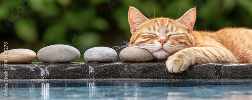 A peaceful orange cat naps beside smooth stones, basking in tranquility by a serene pool, embodying relaxation and calmness in nature.