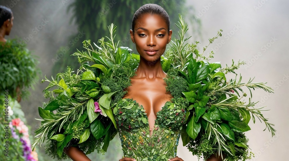 Avant-garde fashion model. A fashionable woman in dress of green herbs Avant-garde fashion model. A fashionable woman in dress of green herbs