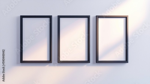 Minimalist Triptych Blank Frames with Soft Natural Light on White Wall photo