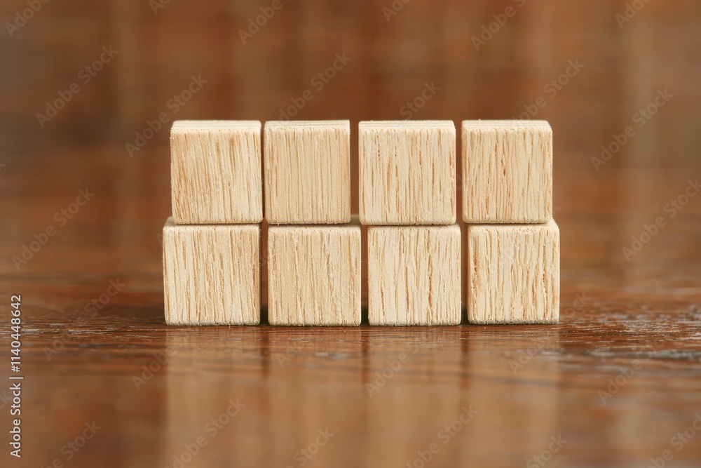 Minimalist Wooden Blocks Arranged in a Grid on a Reflective Wooden Surface