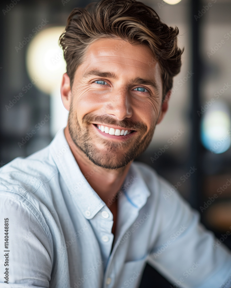 Friendly Portrait of a Handsome Businessman Smiling in a Light Blue Shirt Friendly Portrait of a Handsome Businessman Smiling in a Light Blue Shirt