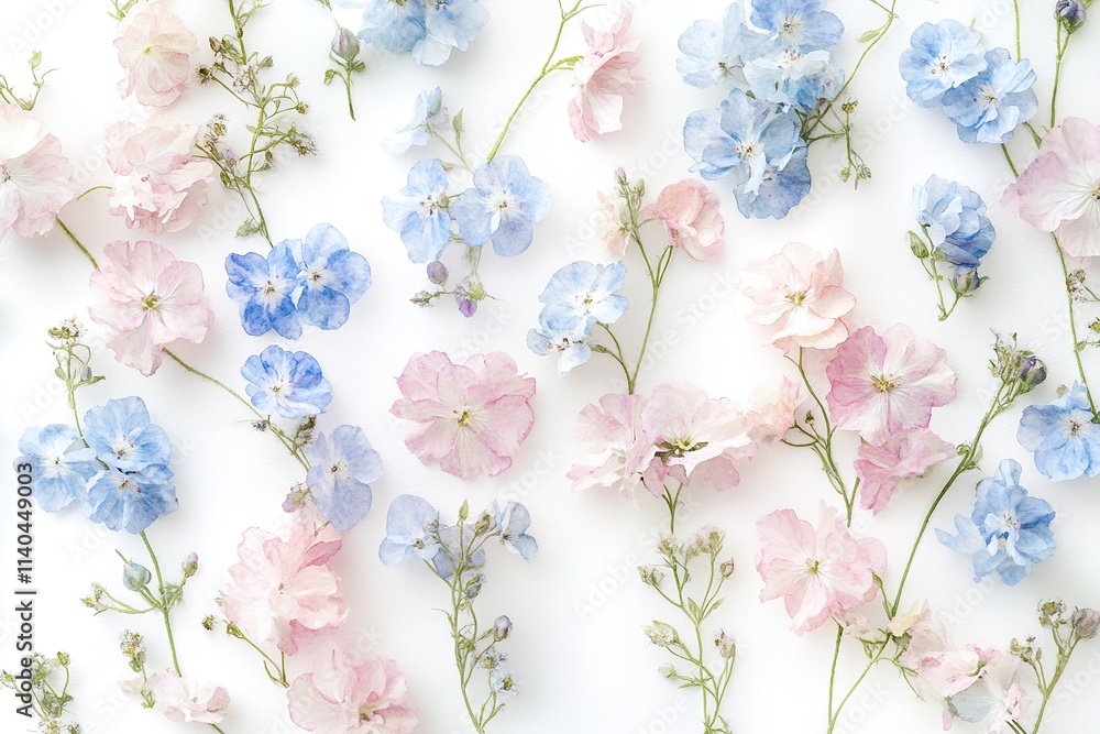 Delicate blue and pink flowers on a white background.
