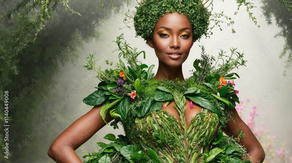Avant-garde fashion model. A fashionable woman in dress of green herbs