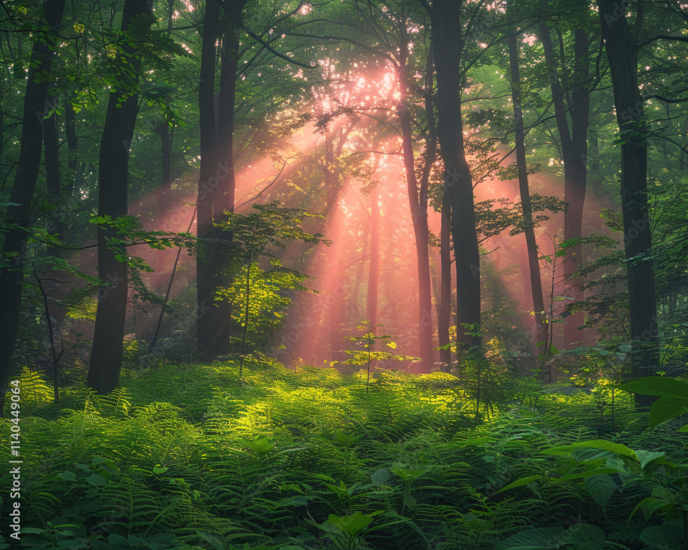 Fototapeta premium Green forest with vibrant greenery, bathed in the warm light of a pinkish sunset, the interplay of colors creating a breathtaking and serene vista.