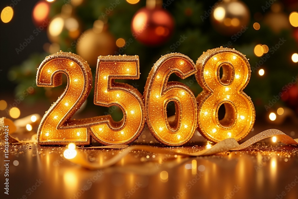 Thai Celebrate the New Year 2568 with Sparkling Gold Numbers and Festive Christmas Tree Background, Perfect for Holiday Greetings and Party Invitations. Thai Celebrate the New Year 2568 with Sparkling Gold Numbers and Festive Christmas Tree Background, Perfect for Holiday Greetings and Party Invitations.