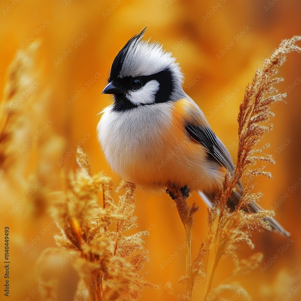 Obraz premium Humorous bearded bird, yellow reeds.