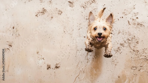 Happy dog jumping against a dirty puddle.