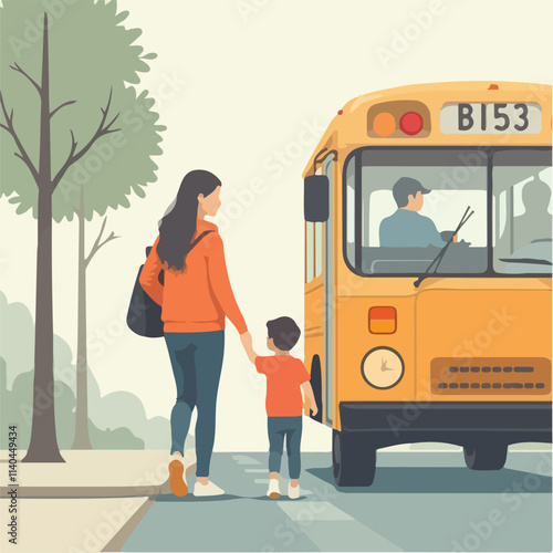 Students going school illustration vector design, Students enter the bus vector design