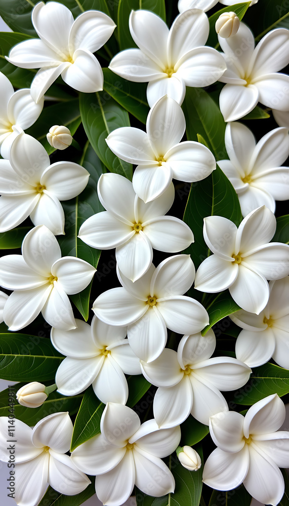 Fototapeta premium Gardenia Elegance - Pure white gardenia flowers arranged in a simple elegant pattern. background copyspace
