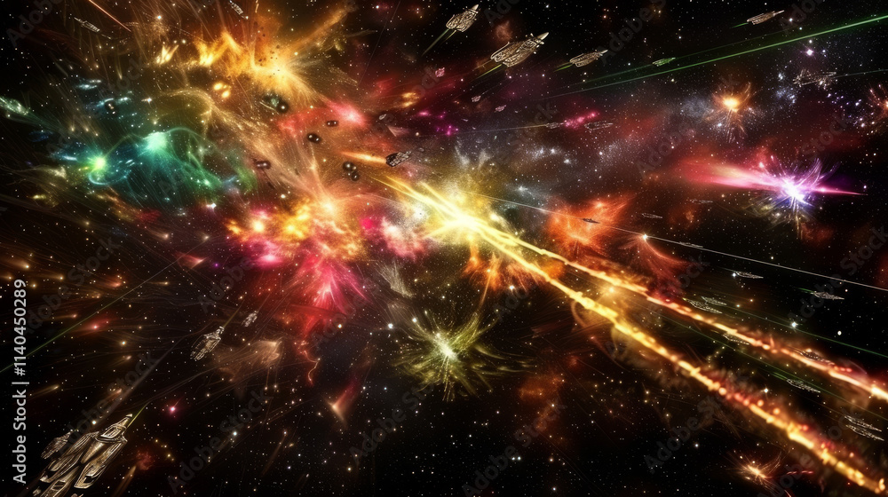 Fototapeta premium The image could be named: Rocket launch at night with fireworks and stars in a festive winter sky