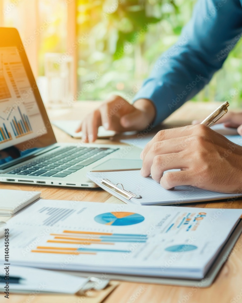 Business Professional Analyzing Data and Creating Reports with Laptop, Graphs, and Notes in Bright Office Environment Business Professional Analyzing Data and Creating Reports with Laptop, Graphs, and Notes in Bright Office Environment