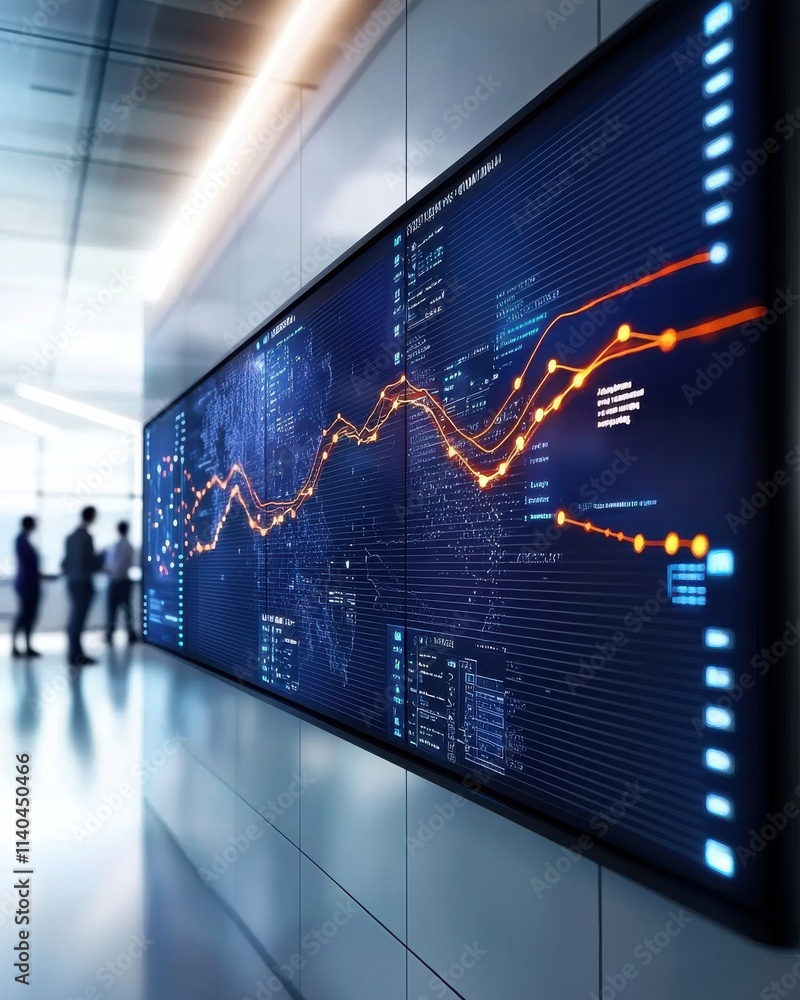 Modern Data Visualization on a Large Screen in a Corporate Office with Business Professionals Analyzing Trends and Statistics for Strategic Decision Making