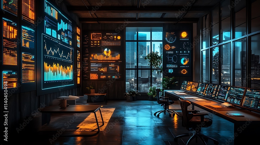 A creative startup office with interactive graphs projected on textured walls, glowing touch-sensitive analytics panels, modern minimalist furniture, A creative startup office with interactive graphs projected on textured walls, glowing touch-sensitive analytics panels, modern minimalist furniture,