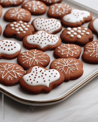 A close-up of intricately designed Christmas cookies on a platter, A festive platter of decorated gingerbread cookies showcasing intricate icing designs in seasonal shapes.