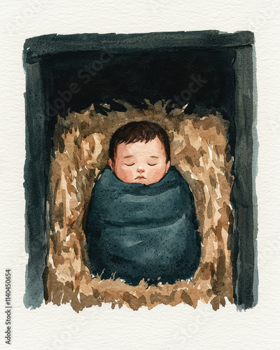 An abstract watercolor depiction of Baby Jesus in the manger, A serene illustration of a sleeping baby swaddled in a cozy blanket, resting peacefully in a soft cradle of hay.