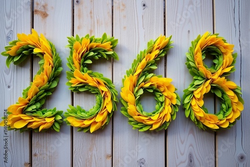 New Year 2568 according to Thai calendar. Made of green leaves. Ecology and environmental protection concept.
