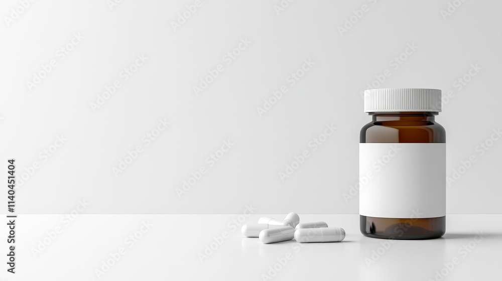 Simple Brown Bottle with White Lid and Blank Label on a Table Simple Brown Bottle with White Lid and Blank Label on a Table