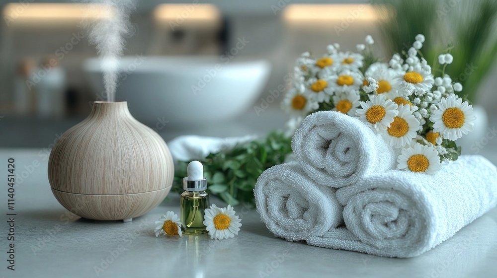 Obraz premium Spa setting with essential oil, diffuser, towels, and chamomile flowers.