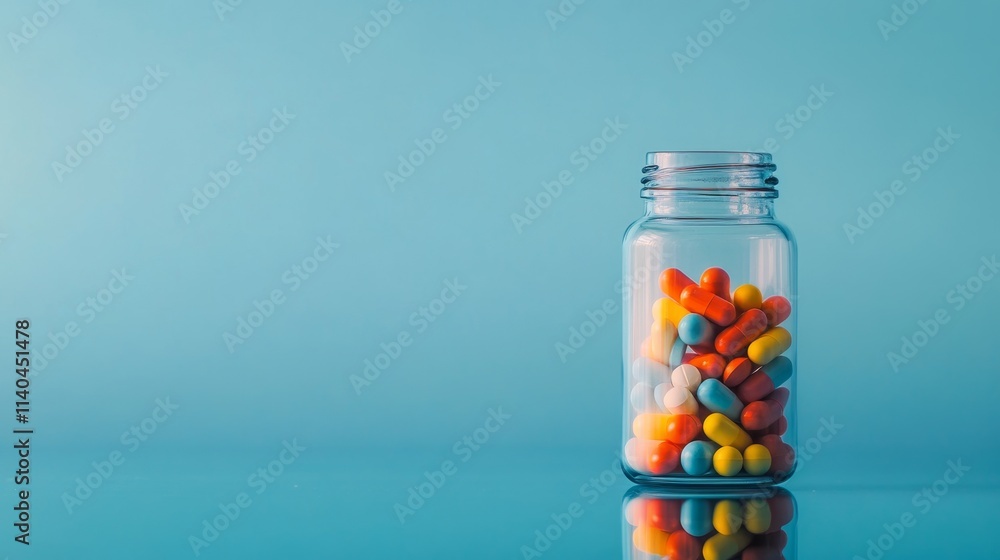 Colorful Pills in Clear Jar Against Soft Blue Background Colorful Pills in Clear Jar Against Soft Blue Background