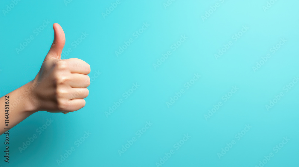 Hand giving thumbs up gesture against bright blue background Hand giving thumbs up gesture against bright blue background