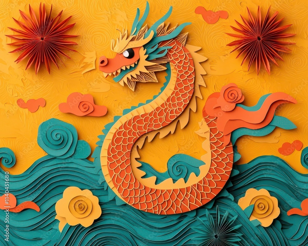 Fototapeta premium Papercut dragon dancing in a golden sky filled with origami fireworks and festive banners