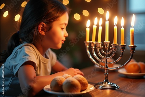 Celebrate the Spirit of Hanukkah with a Young Girl in a Warm, Golden-Lit Setting, Perfect for Holiday Greeting Cards or Family Keepsakes. photo