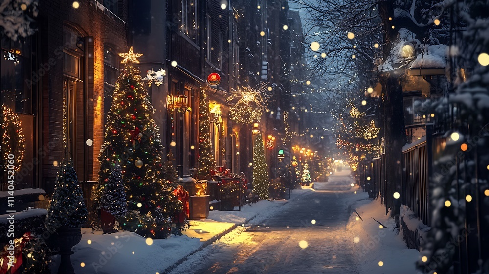 Snow-covered city street with Christmas trees and holiday decorations Snow-covered city street with Christmas trees and holiday decorations