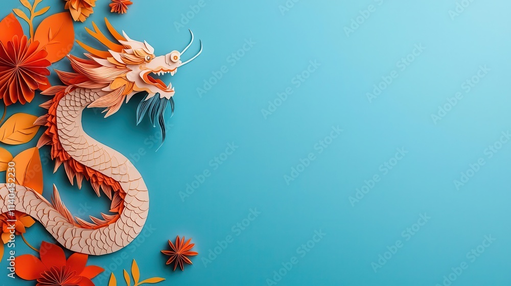 Obraz premium Origami dragon wings creating a protective canopy over a festive Chinese New Year table with papercut elements