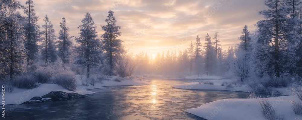 Fototapeta premium Winter Landscape With Frozen River And Snow-Capped Trees 