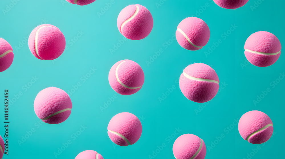 A Playful Composition of Floating Pink Tennis Balls in a Vibrant Teal Atmosphere A Playful Composition of Floating Pink Tennis Balls in a Vibrant Teal Atmosphere
