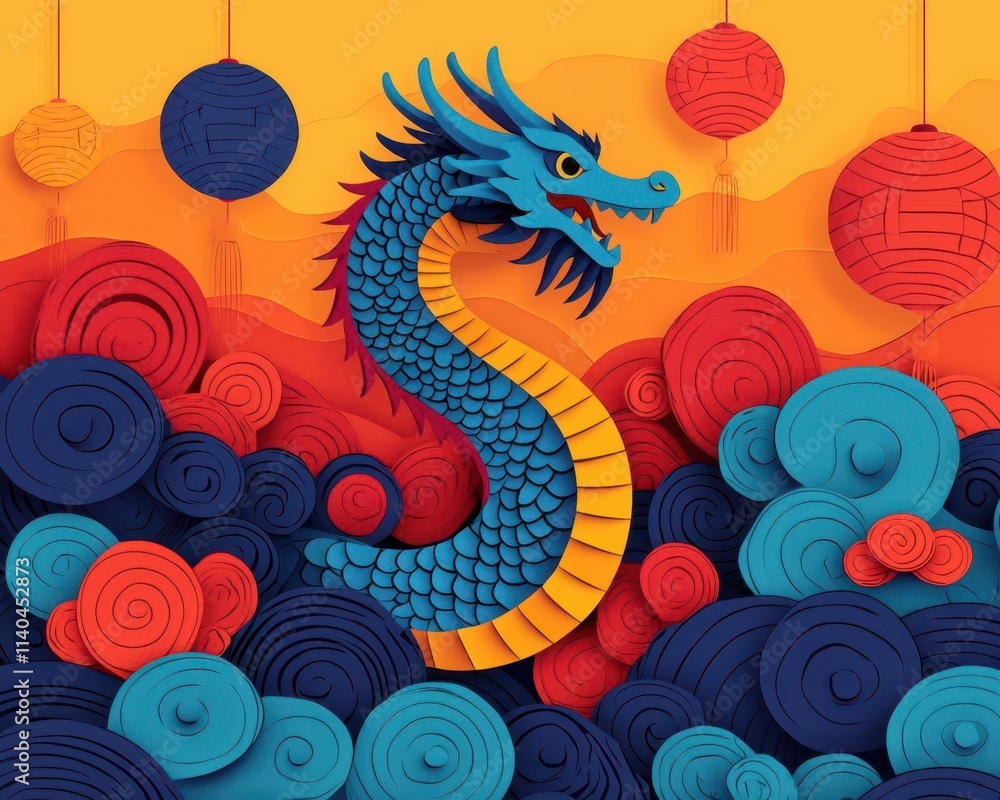 Papercut dragon dancing among swirling clouds of origami zodiac animals and festive lanterns Papercut dragon dancing among swirling clouds of origami zodiac animals and festive lanterns