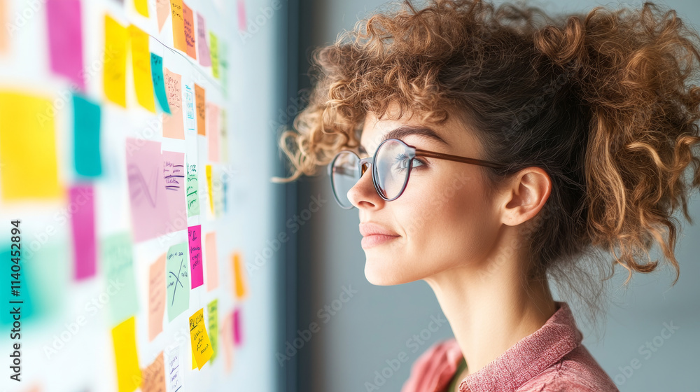 Creative woman with curly hair and glasses gazing thoughtfully at colorful wall of sticky notes, reflecting on ideas and inspiration Creative woman with curly hair and glasses gazing thoughtfully at colorful wall of sticky notes, reflecting on ideas and inspiration