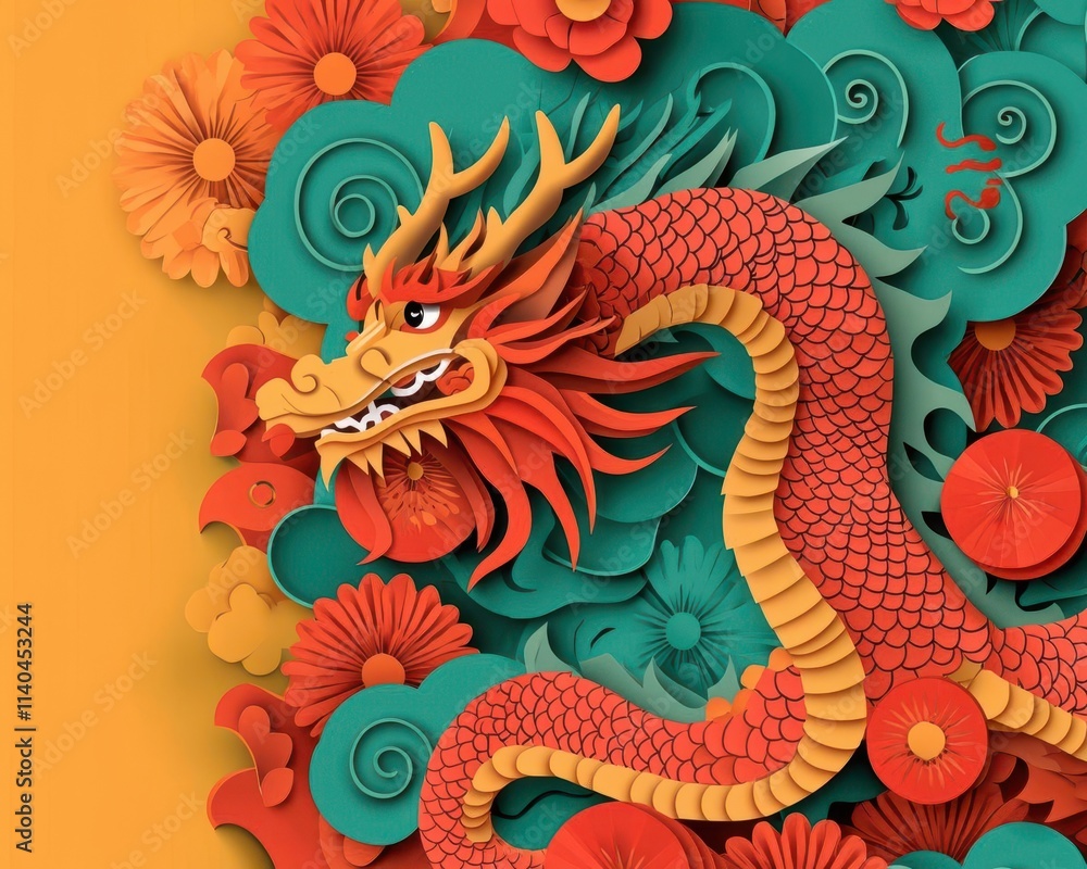 A mystical papercut dragon emerging from a glowing Chinese New Year scroll surrounded by zodiac animals A mystical papercut dragon emerging from a glowing Chinese New Year scroll surrounded by zodiac animals