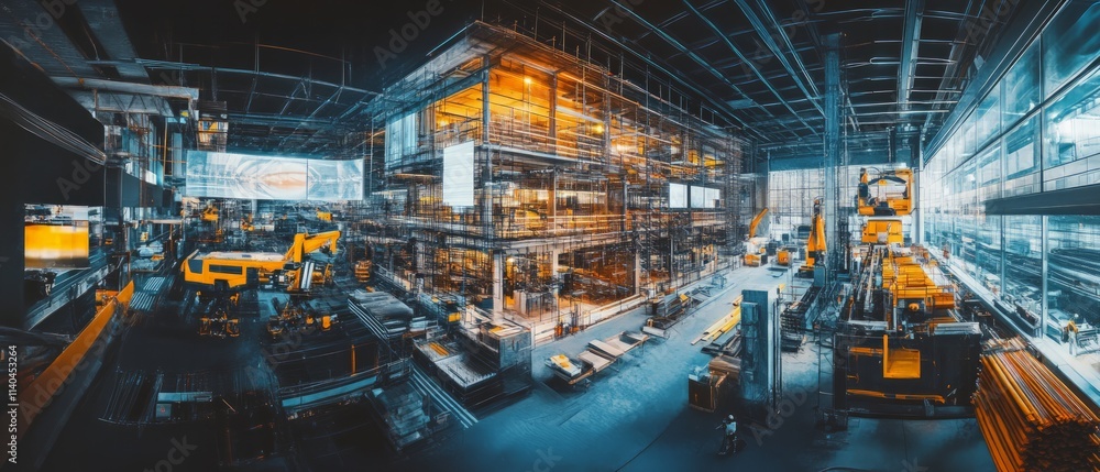 Industrial innovation showcase advanced manufacturing facility urban center panoramic view high-tech environment Industrial innovation showcase advanced manufacturing facility urban center panoramic view high-tech environment