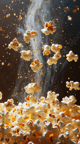 Popcorn kernels bursting into fluffy popcorn in mid-air