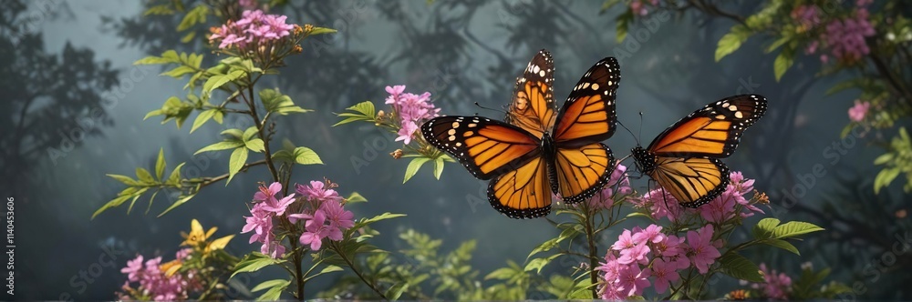 Fototapeta premium Leafy Branch with Monarch Butterfly and Flowers, foliage, delicate
