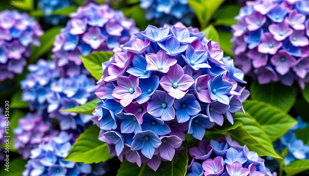Blooming Hydrangea - A hydrangea bush in full bloom with large clusters of blue and purple flowers. background copyspace Blooming Hydrangea - A hydrangea bush in full bloom with large clusters of blue and purple flowers. background copyspace