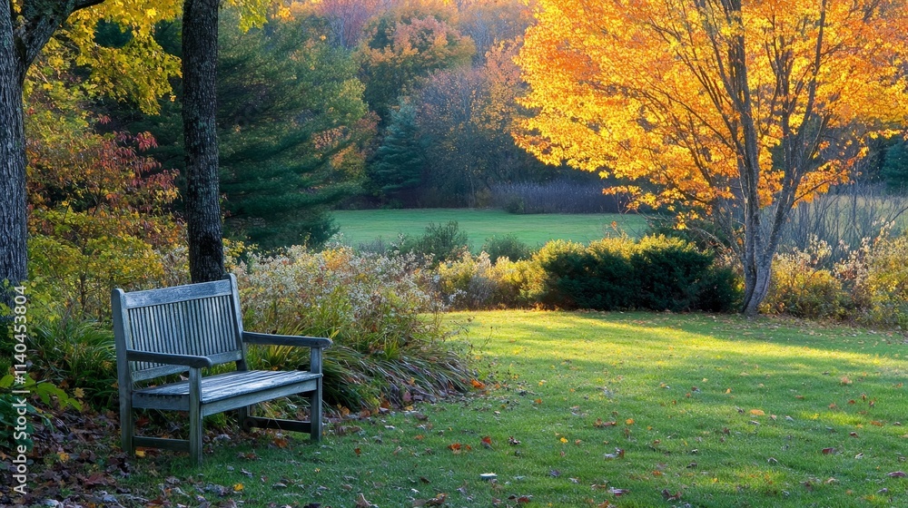 Obraz premium A serene park scene featuring a wooden bench beside vibrant autumn trees and a grassy field.
