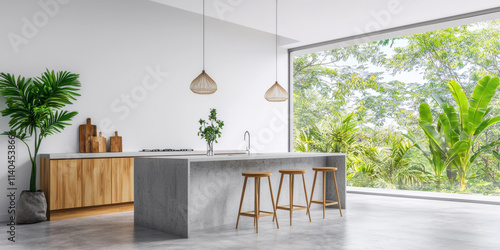 minimalist kitchen with concrete countertops and wooden accents, featuring bright view