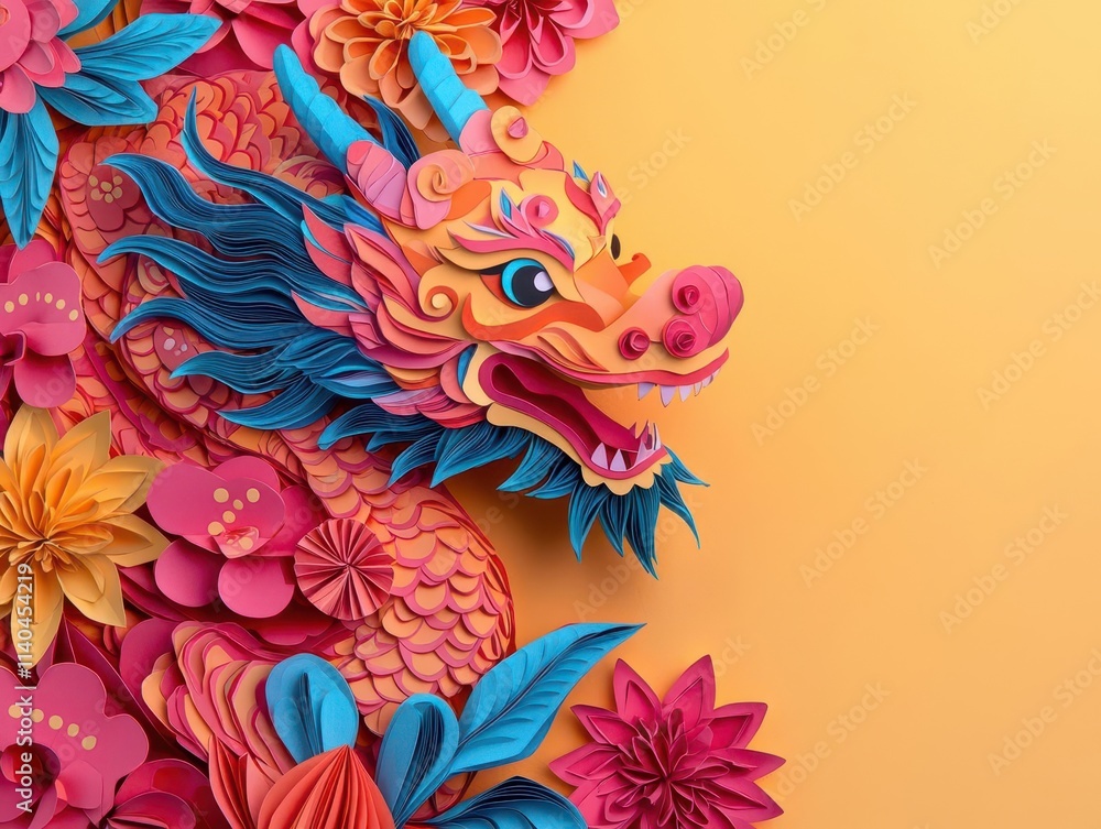 Obraz premium A whimsical papercut dragon entangled with glowing Chinese New Year decorations and origami symbols of wealth