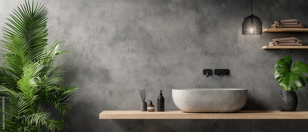 Modern bathroom with concrete sink, wooden shelf, and greenery Modern bathroom with concrete sink, wooden shelf, and greenery