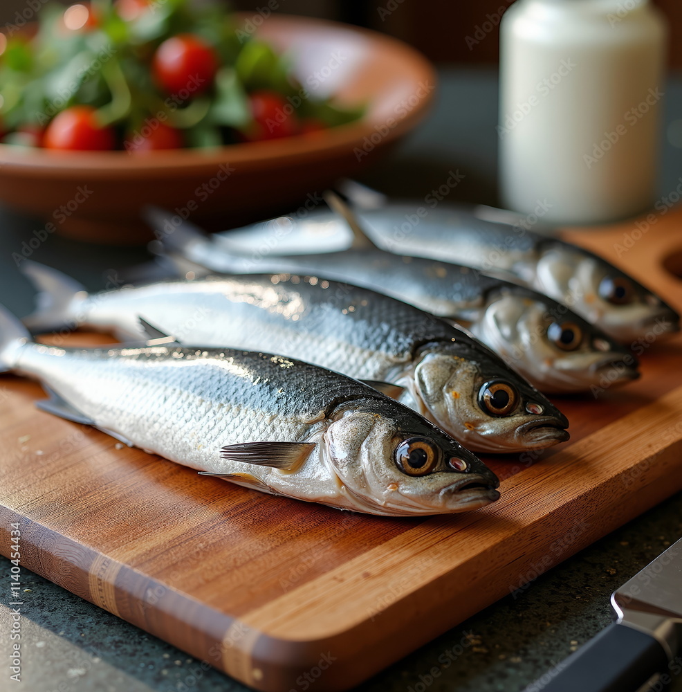 Fresh fish on wooden cutting board with salad Fresh fish on wooden cutting board with salad