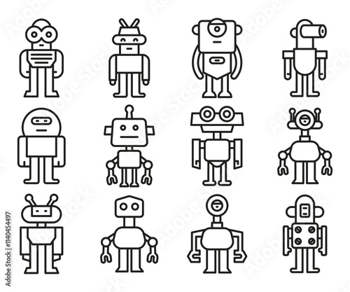 cartoon robot icons set line illustration