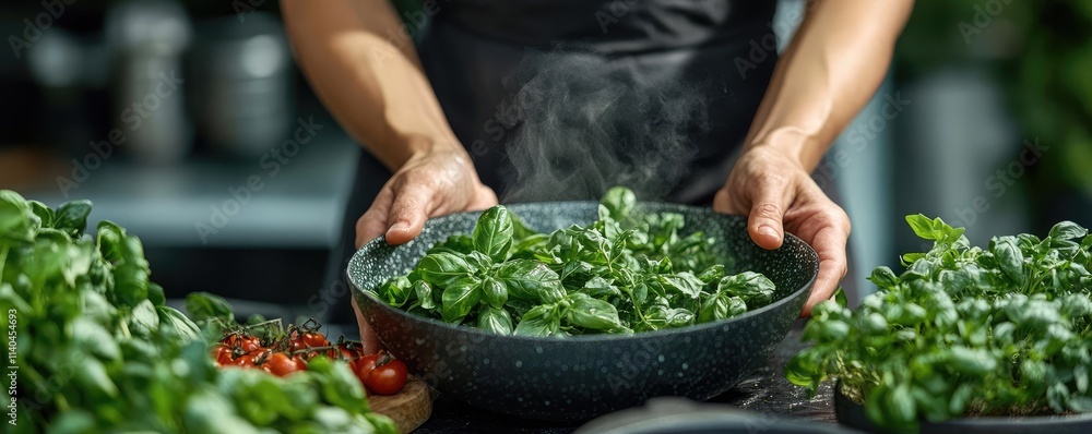 Fototapeta premium A person cooking with fresh herbs, adding nutrients to their meal