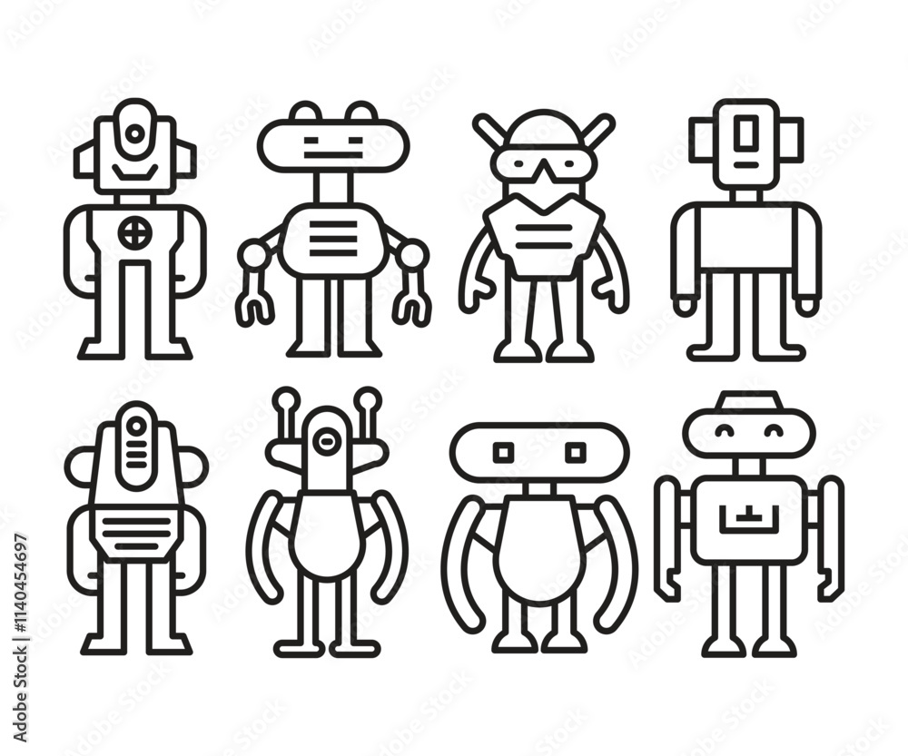 cartoon robot icons set line illustration cartoon robot icons set line illustration