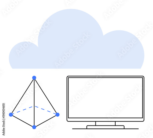 Cloud covering background, polygonal network shape with blue nodes, monitor screen, representing cloud computing and data integration. Ideal for technology, networking, data services, IT solutions