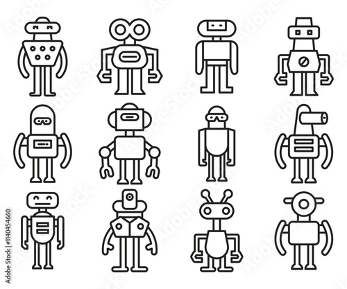 cartoon robot icons set line illustration